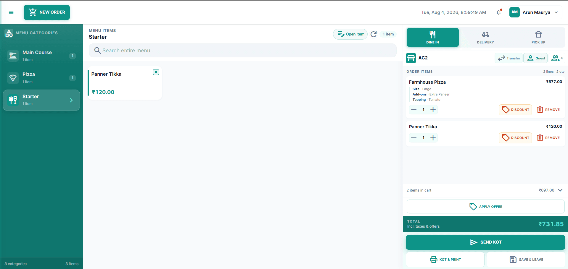 Bitnora POS order screen with cart and Send KOT